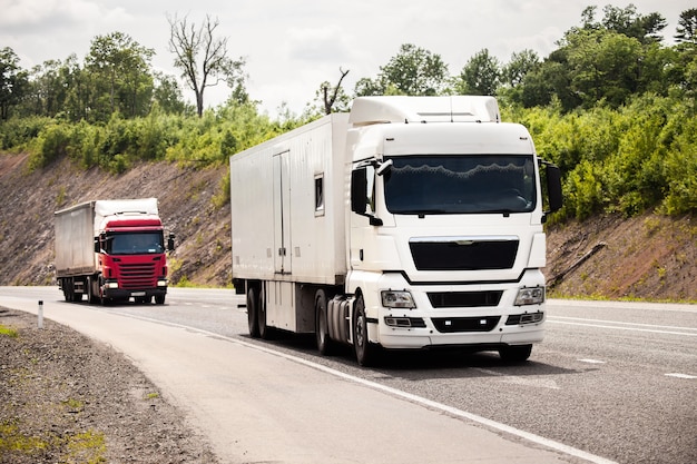 Two trucks moving by a road in summer