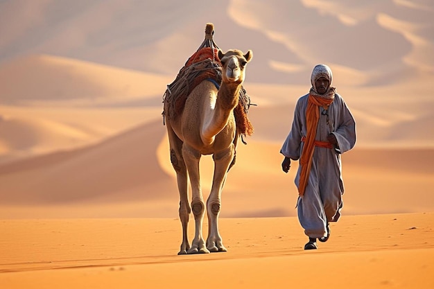 Two tuareg nomads leading a camel in the sahara desert morocco