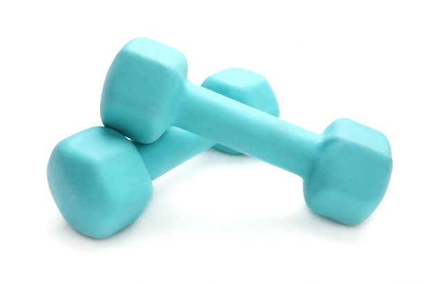 Two turquoise-colored rubber dumbbells