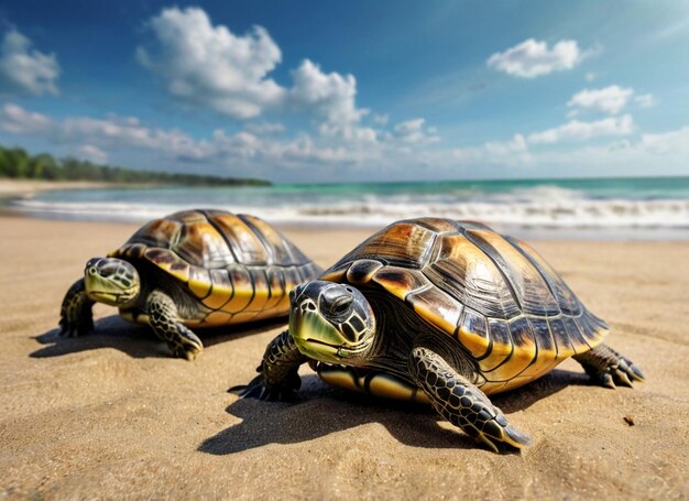 Photo two turtles are laying on the beach and one is a turtle