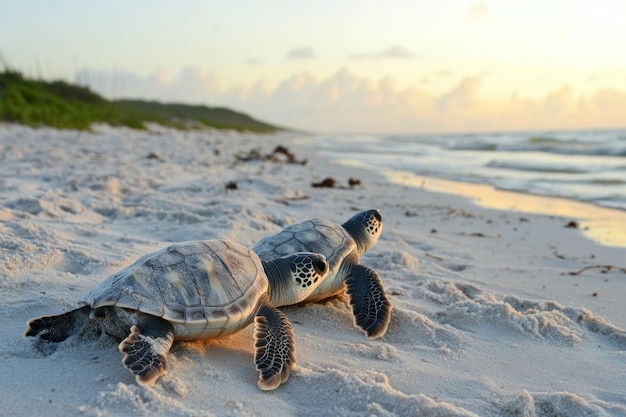 two turtles are laying on the beach and one is wearing a hat