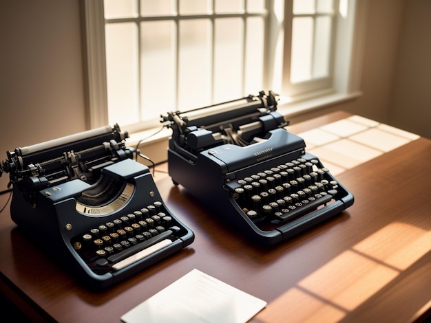 Two typewriters on a desk with a window behind them