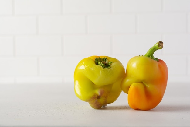 Two ugly peppers that looks like a strange face on a light table. Funny, unnormal vegetable or food waste concept.