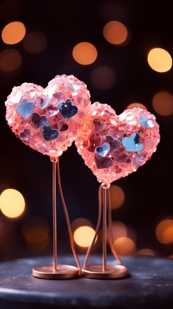 Photo two valentines day glass with hearts on bokeh background