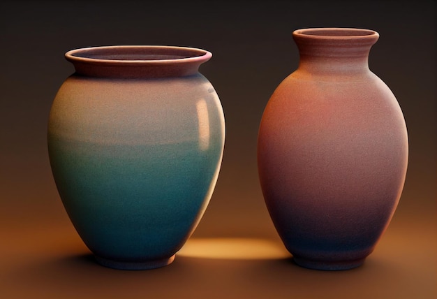 Two vases are next to each other one of which is blue and brown