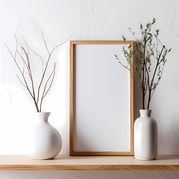 Two vases with flowers on a shelf and one has a picture frame on it.