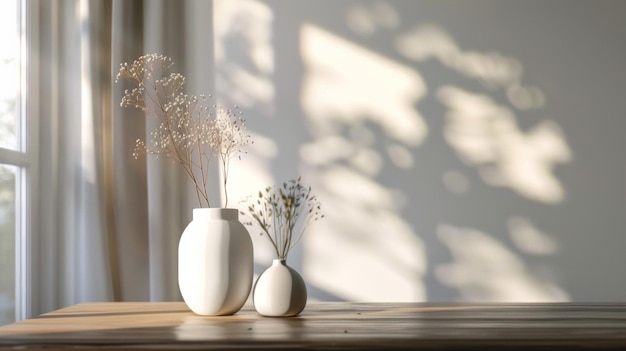 two vases with flowers on a table and one with the other with the shadow of the sun shining on the wall