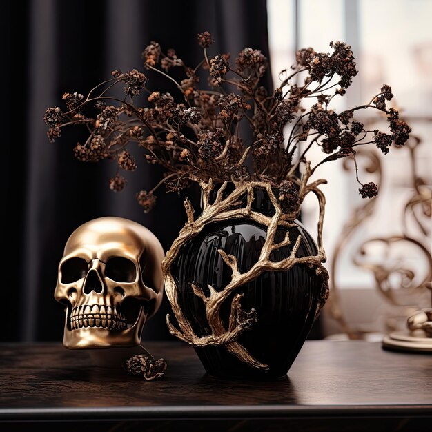 Photo two vases with flowers in them on a table next to a gold skull statue and a black candle holder