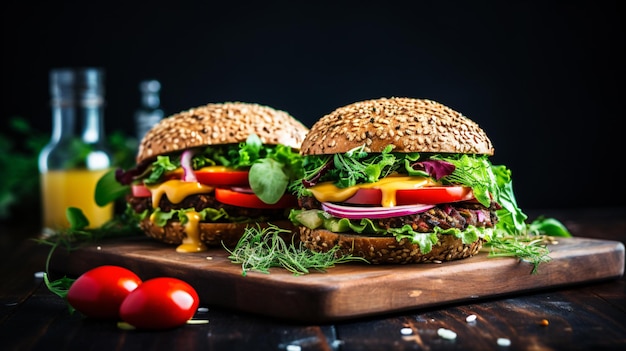 Two vegan lentil burger with salad mustard sauce