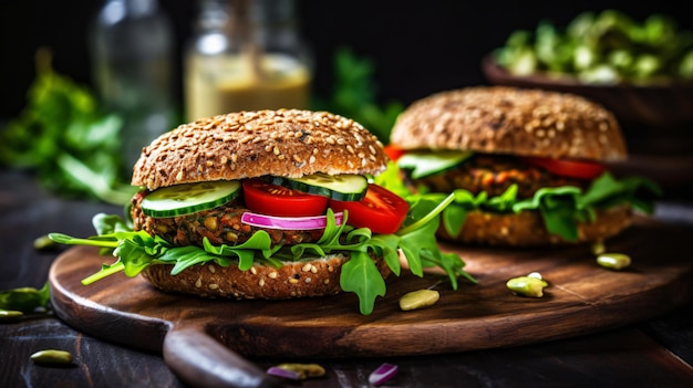 Two vegan lentil burger with salad mustard sauce