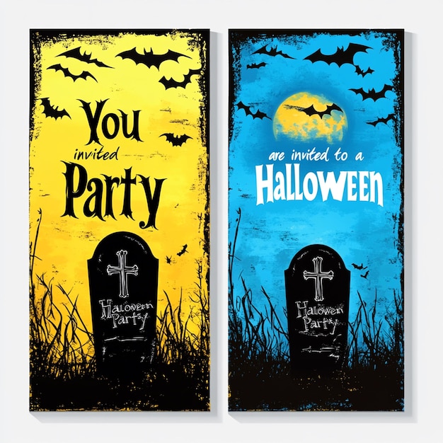 Two vertical Halloween party invitations in blue