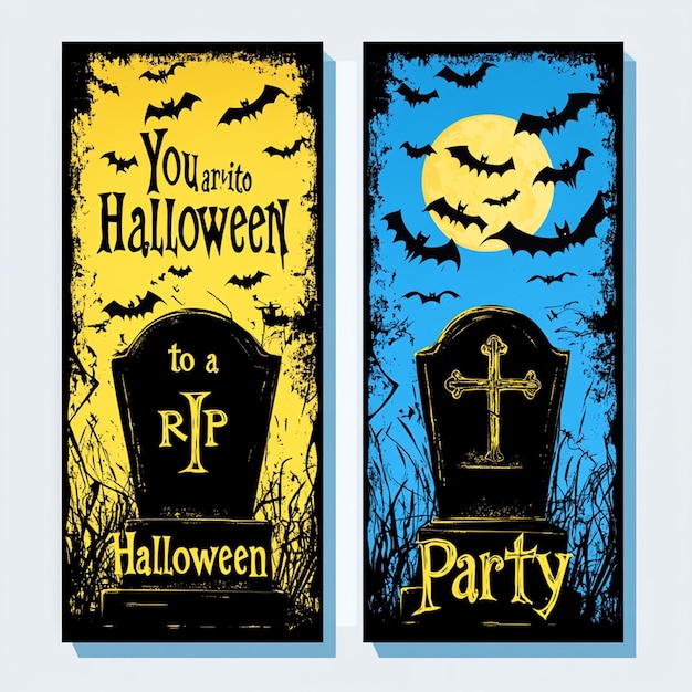 Two vertical Halloween party invitations in blue