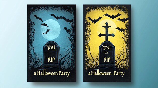 Photo two vertical halloween party invitations in blue