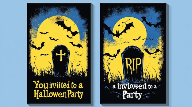 Two vertical Halloween party invitations in blue