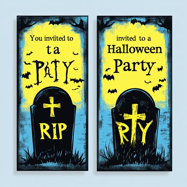 Photo two vertical halloween party invitations in blue