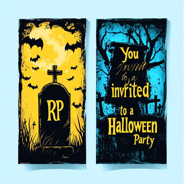 Photo two vertical halloween party invitations in blue