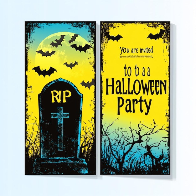 Two vertical Halloween party invitations in blue