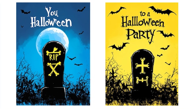 Two vertical Halloween party invitations in blue