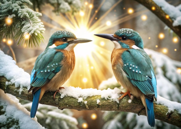 Photo two vibrant blue birds with luminous plumage perch in an enchanted winter forest snowladen trees g