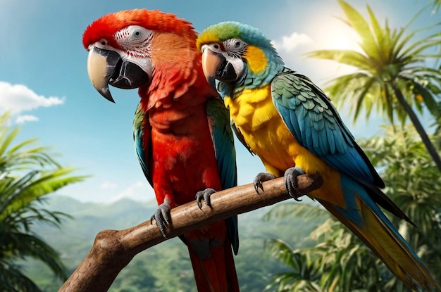 Two vibrant colorful parrots perched outdoors showcasing on perch their colorful feathers in natural