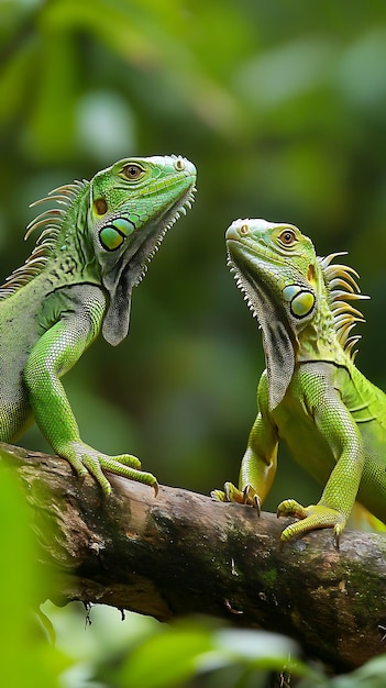 Photo two vibrant green iguanas perched on a branch in a lush tropical environment