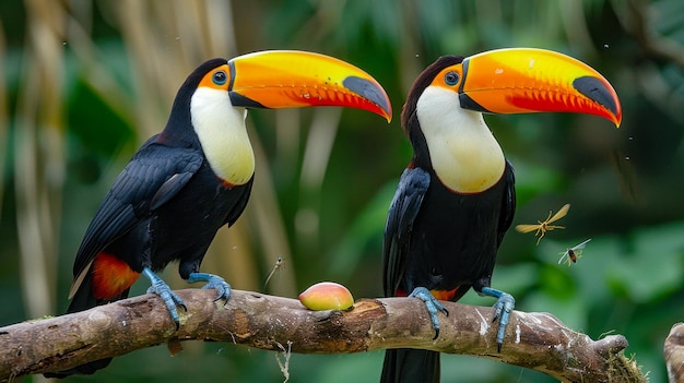 Two Vibrant Toucans Perched on Branch with Fruit in Lush Rainforest