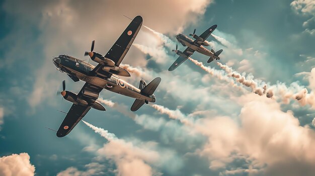 Photo two vintage propeller planes flying in formation leaving smoke trails behind them