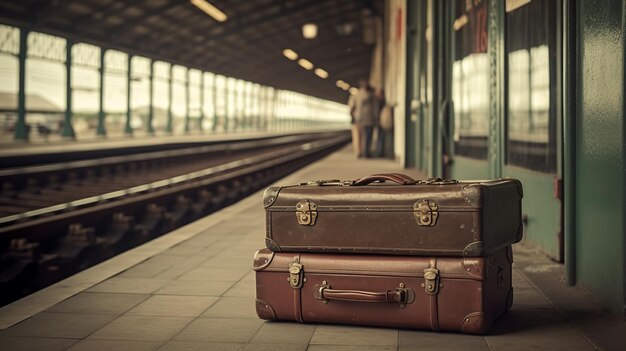 Photo two vintage suitcases resting on the ground in front of a train station