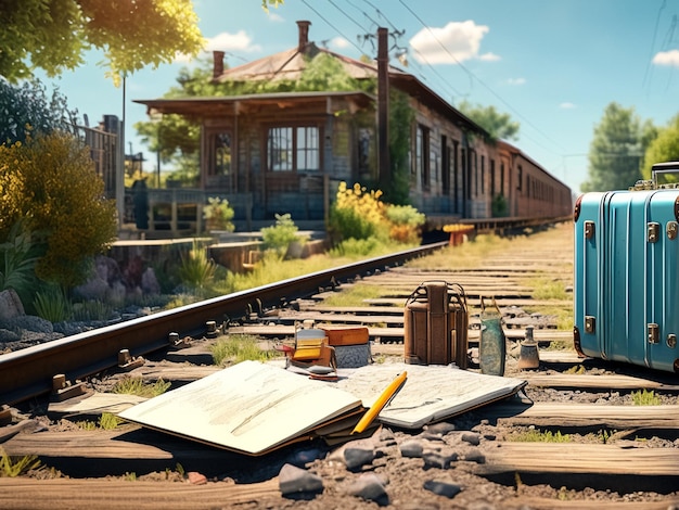 Two vintage suitcases standing on closed old railway rails outdoors Stylish image forgotten retro suitcases in forest at railroad background Travel vacation concept Copy text space for advertising