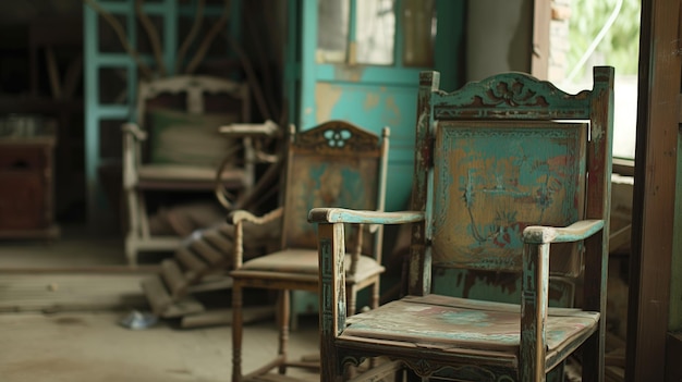 Two vintage wooden chairs in a rustic abandoned setting