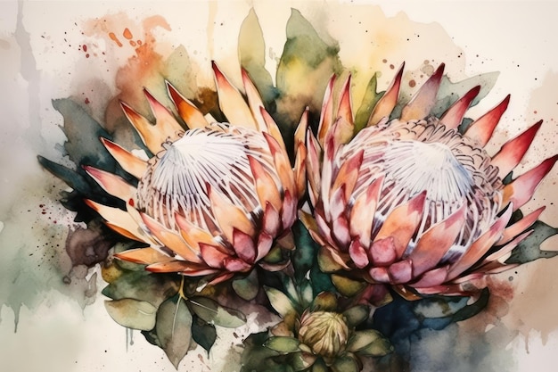 Two watercolor blooming proteas Generative AI