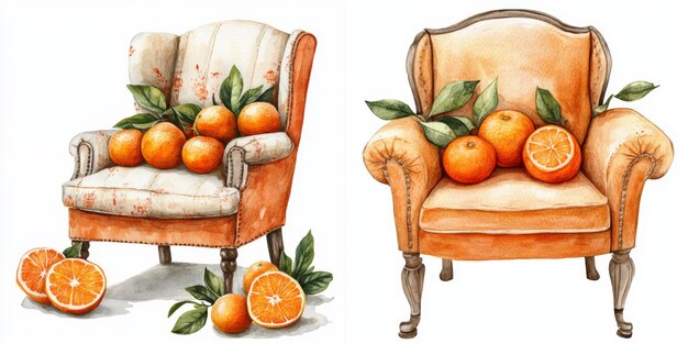 Photo two watercolor illustrations of armchairs with oranges