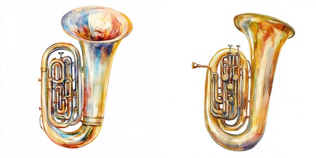 Photo two watercolor illustrations of shiny tubas