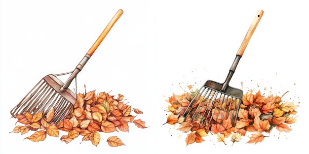 Photo two watercolor rakes with fallen autumn leaves