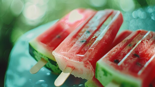 Photo two watermelon popsicles stacked on a plate glistening with ice and invitingly cool for a refreshing summer experience