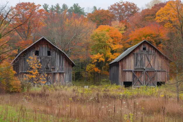 Photo two weathered wooden barns stand tall in a field surrounded by a backdrop of colorful autumn trees rustic barns surrounded by autumn colors