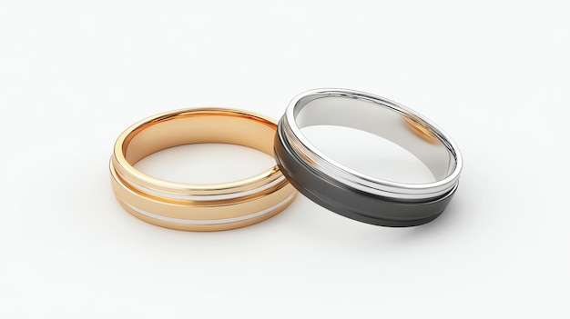 Photo two wedding bands one gold and one black on a white background