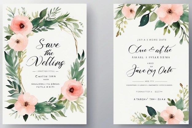 Photo two wedding invitations with flowers and greenery on them