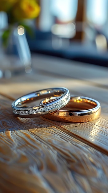 two wedding rings are on a wooden table one of which has diamonds on it