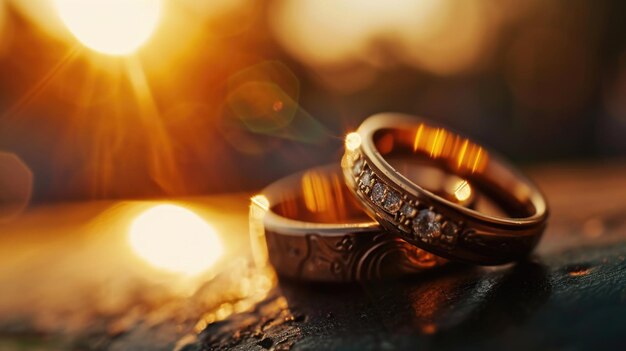 Two wedding rings sitting on top of a wooden table Perfect for wedding invitations and jewelry advertisements