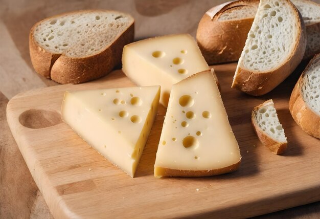 Two wedges of cheese with holes on a wooden cutting board next to slices of bread