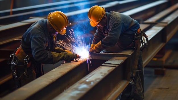 Photo two welders working on a metal beam with sparks flying