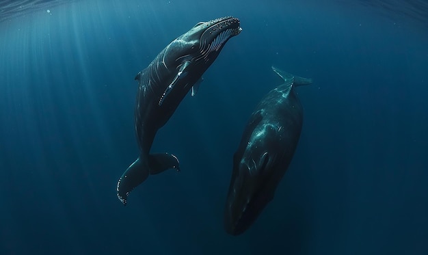 two whales swimming side by side in the water