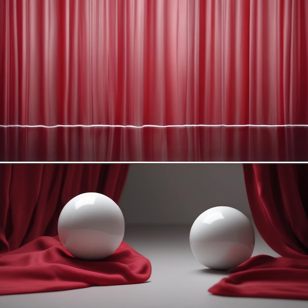 Photo two white balls are on a red curtain in front of a red curtain