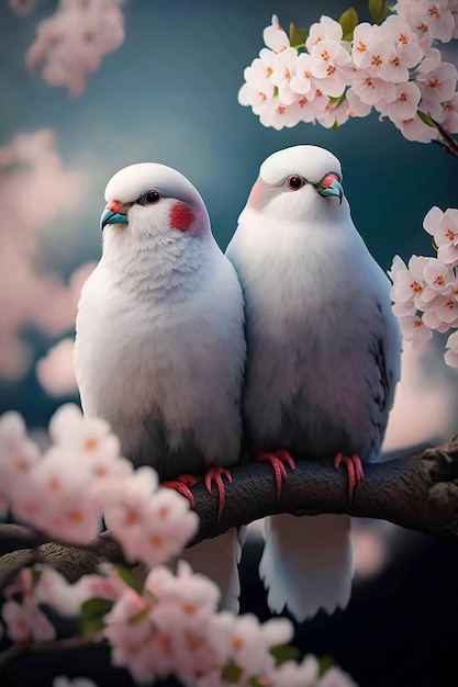 Two white birds are sitting on a branch with a pink flower in the background.