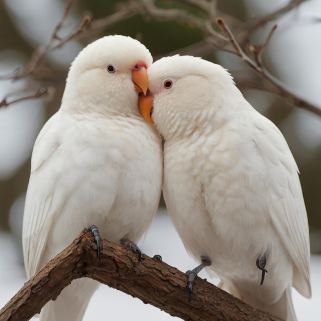 two white birds are sitting on a tree branch