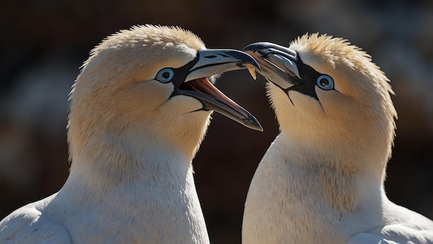 two white birds with blue eyes and beaks facing each other