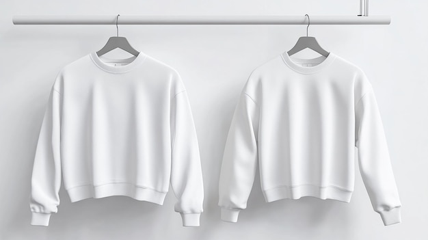 Photo two white blank sweatshirts hanging on a clothes rack against a white background