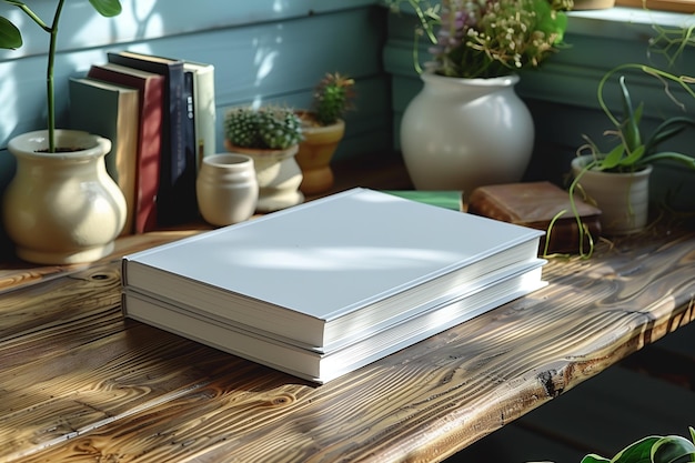 Two white books stacked on wooden table in sunlight