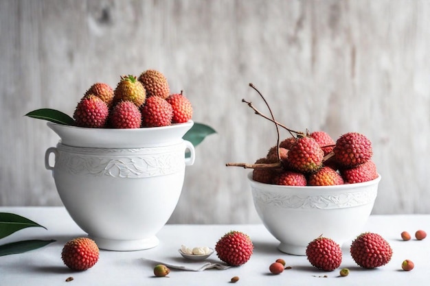 Photo two white bowls with pineapples and a bowl of raspberries